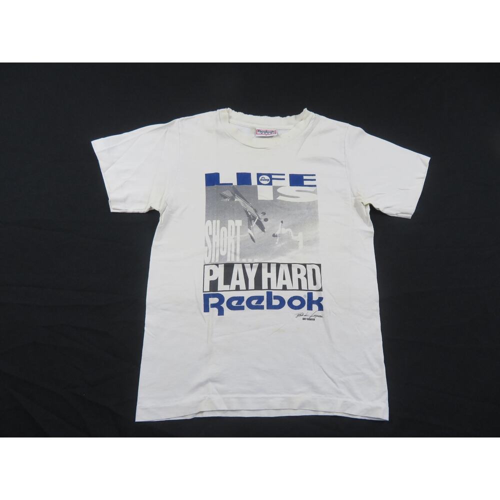 Reebok Life is Short Play Hard Sky Surfer T-Shirt White Sz M 1990s